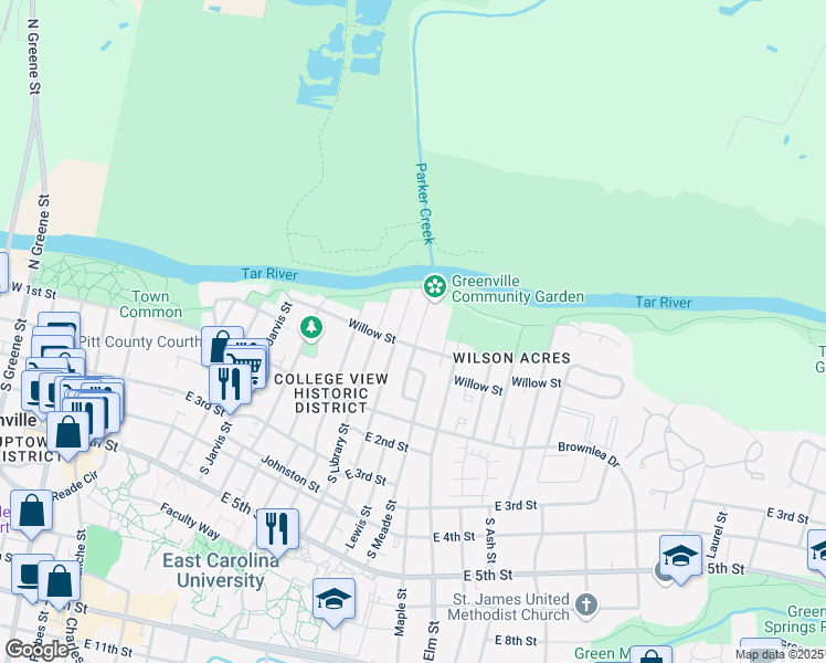 map of restaurants, bars, coffee shops, grocery stores, and more near 203 Stancill Drive in Greenville