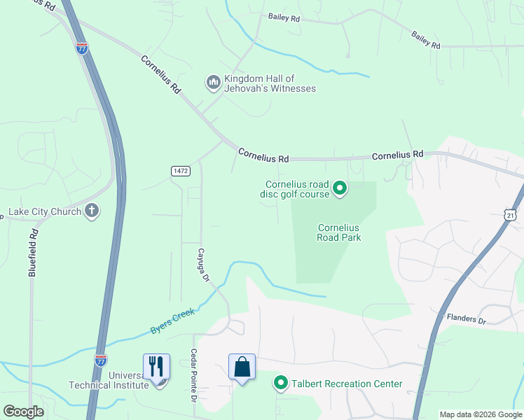 map of restaurants, bars, coffee shops, grocery stores, and more near 140 Silverlining Road in Mooresville