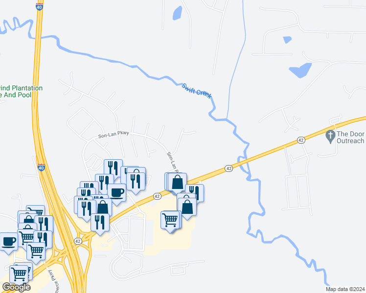 map of restaurants, bars, coffee shops, grocery stores, and more near 70 Thunder Ridge Drive in Garner
