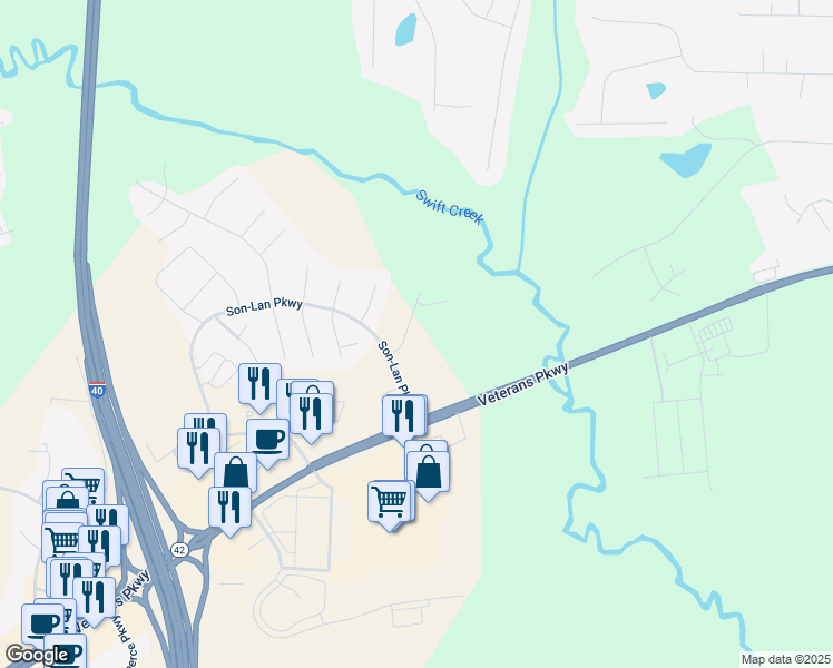 map of restaurants, bars, coffee shops, grocery stores, and more near 70 Thunder Ridge Drive in Garner