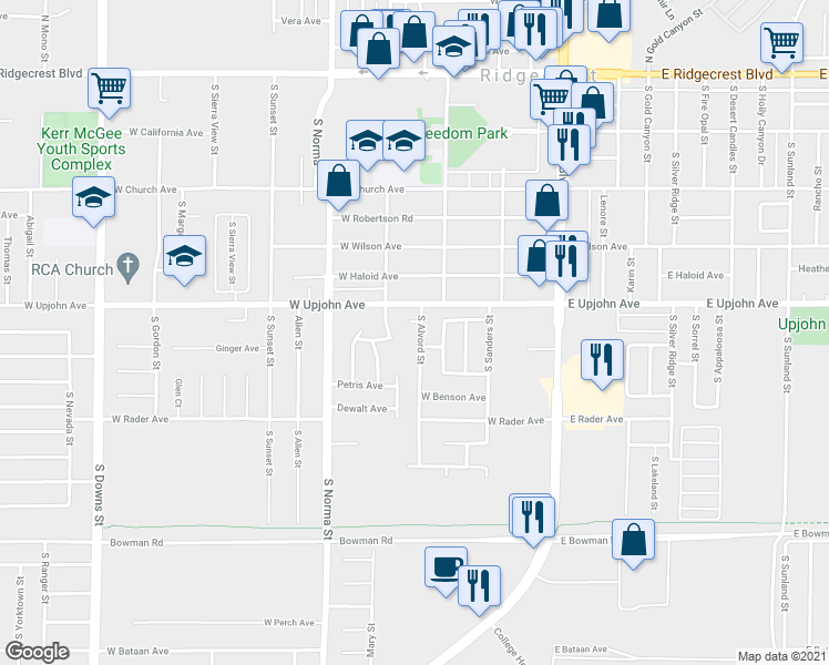 map of restaurants, bars, coffee shops, grocery stores, and more near 525 South Alvord Street in Ridgecrest