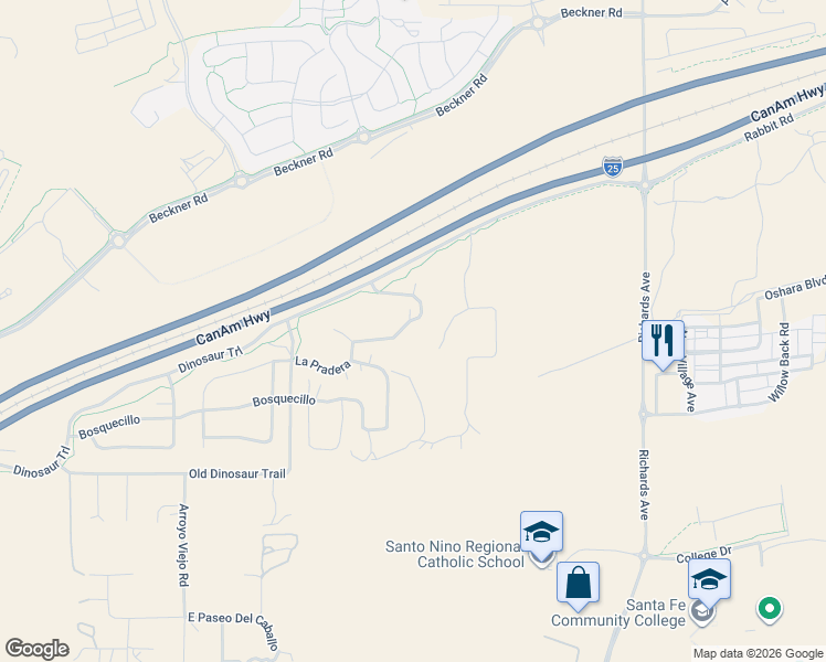 map of restaurants, bars, coffee shops, grocery stores, and more near 20 Camino Sabanero in Santa Fe