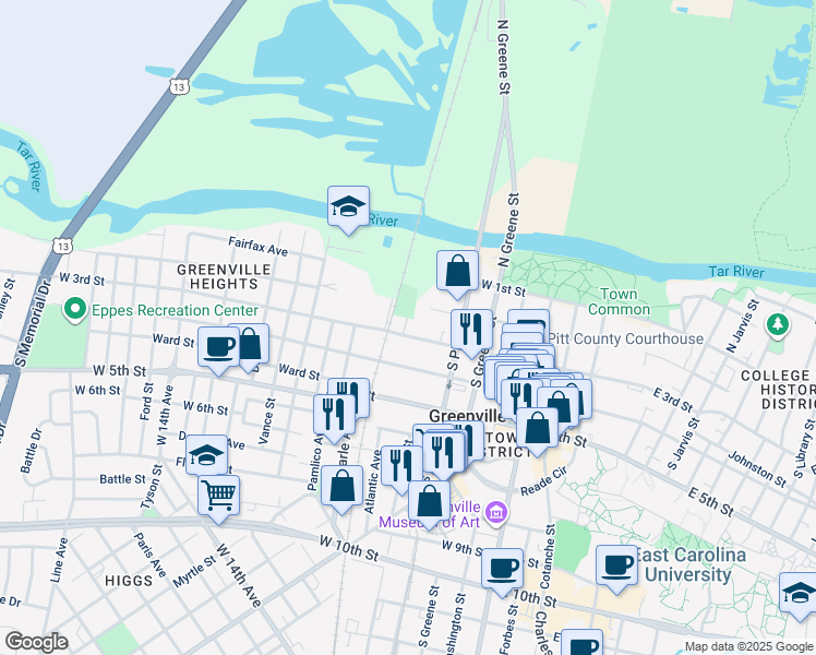 map of restaurants, bars, coffee shops, grocery stores, and more near 221 New Street in Greenville