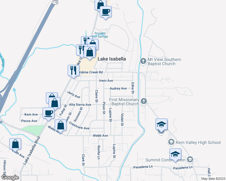 map of restaurants, bars, coffee shops, grocery stores, and more near 2836 Lupine Street in Lake Isabella