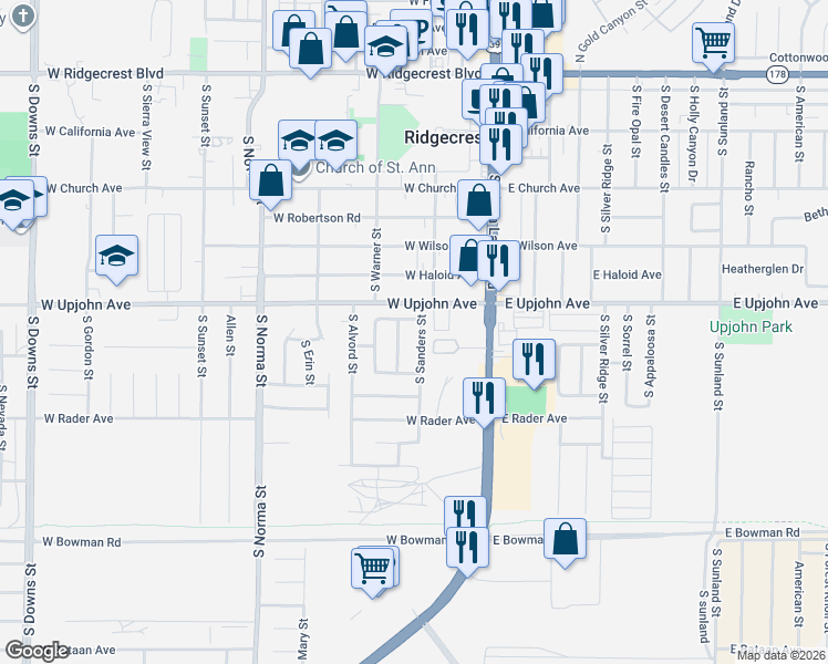 map of restaurants, bars, coffee shops, grocery stores, and more near 512 South Fairview Street in Ridgecrest
