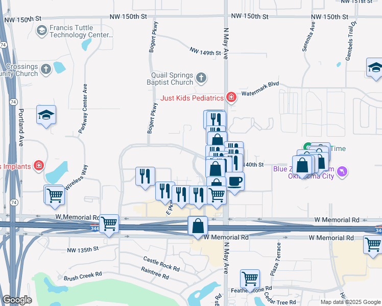 map of restaurants, bars, coffee shops, grocery stores, and more near 3100 Quail Springs Parkway in Oklahoma City