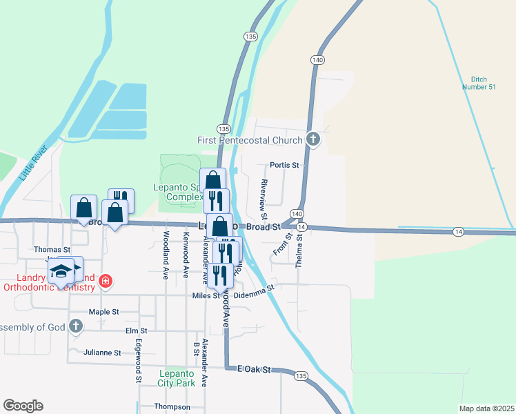 map of restaurants, bars, coffee shops, grocery stores, and more near 124 Riverview Street in Lepanto