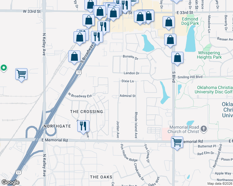 map of restaurants, bars, coffee shops, grocery stores, and more near 4301 Jordan Avenue in Edmond
