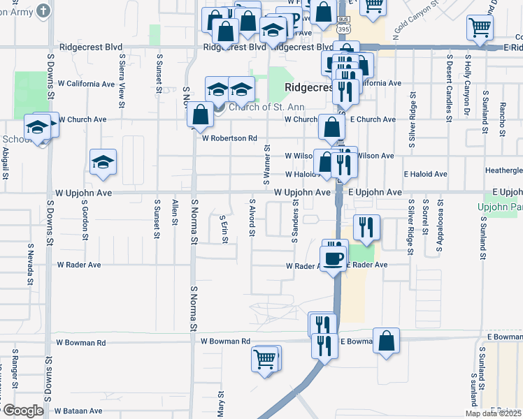 map of restaurants, bars, coffee shops, grocery stores, and more near 519 South Warner Street in Ridgecrest
