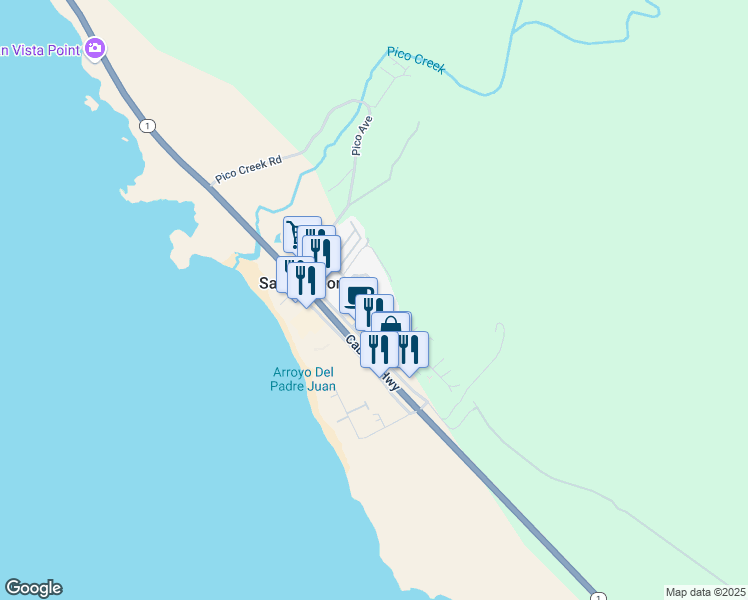 map of restaurants, bars, coffee shops, grocery stores, and more near 2 San Simeon Avenue in San Simeon