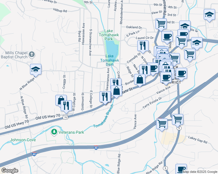 map of restaurants, bars, coffee shops, grocery stores, and more near 203 Swannanoa Avenue in Black Mountain