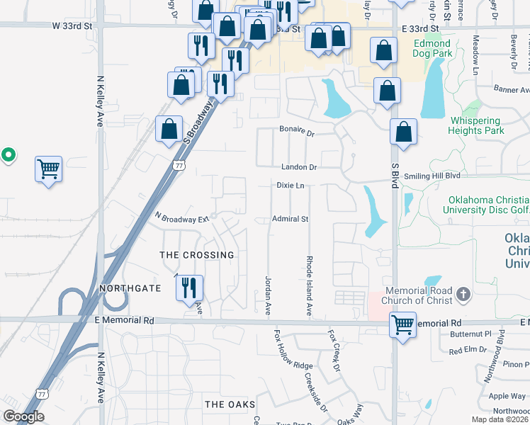 map of restaurants, bars, coffee shops, grocery stores, and more near 4301 Jordan Avenue in Edmond