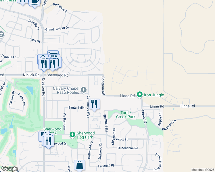 map of restaurants, bars, coffee shops, grocery stores, and more near 1601 Fontana Road in Paso Robles