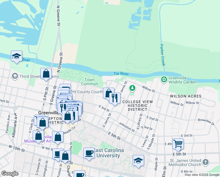 map of restaurants, bars, coffee shops, grocery stores, and more near 104 Baker Street in Greenville