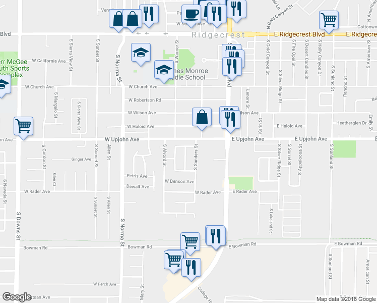 map of restaurants, bars, coffee shops, grocery stores, and more near 518 South Fairview Street in Ridgecrest