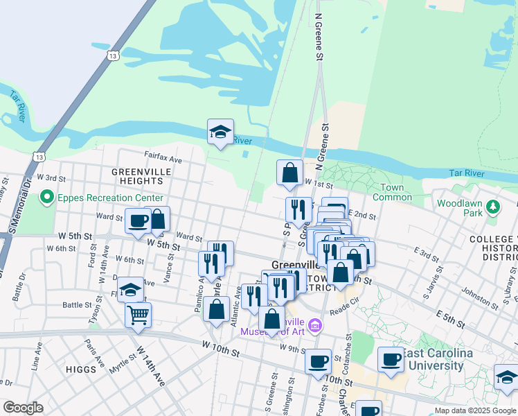 map of restaurants, bars, coffee shops, grocery stores, and more near 207 New Street in Greenville