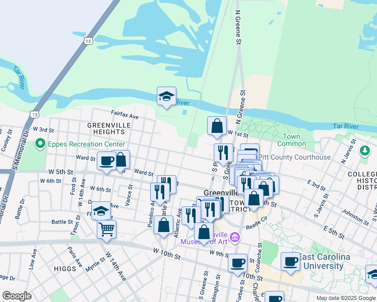 map of restaurants, bars, coffee shops, grocery stores, and more near 444 West 3rd Street in Greenville