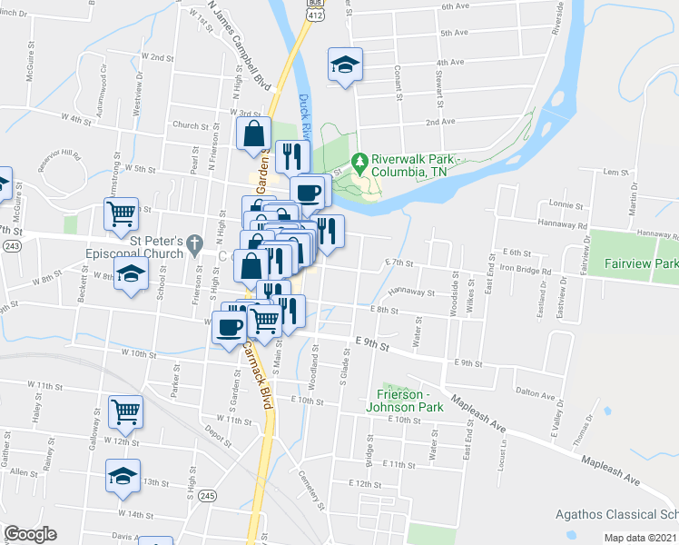 map of restaurants, bars, coffee shops, grocery stores, and more near 206 East 7th Street in Columbia