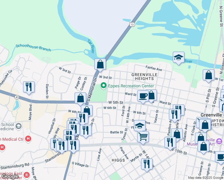 map of restaurants, bars, coffee shops, grocery stores, and more near 1500 Ward Street in Greenville