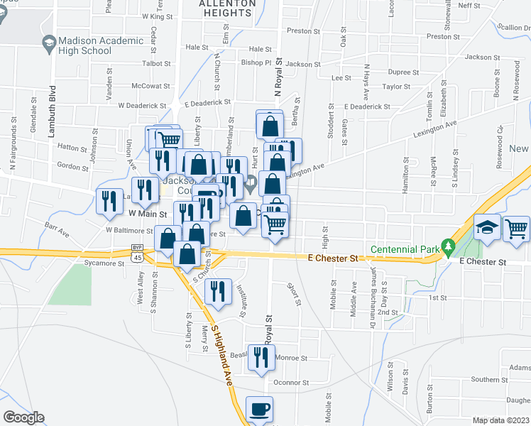 map of restaurants, bars, coffee shops, grocery stores, and more near 455 East Main Street in Jackson