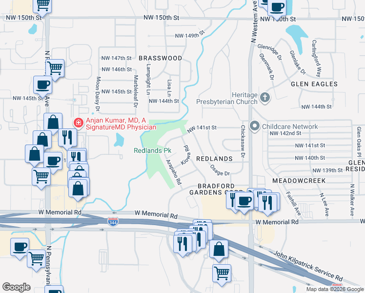 map of restaurants, bars, coffee shops, grocery stores, and more near 14109 Kiowa Road in Edmond