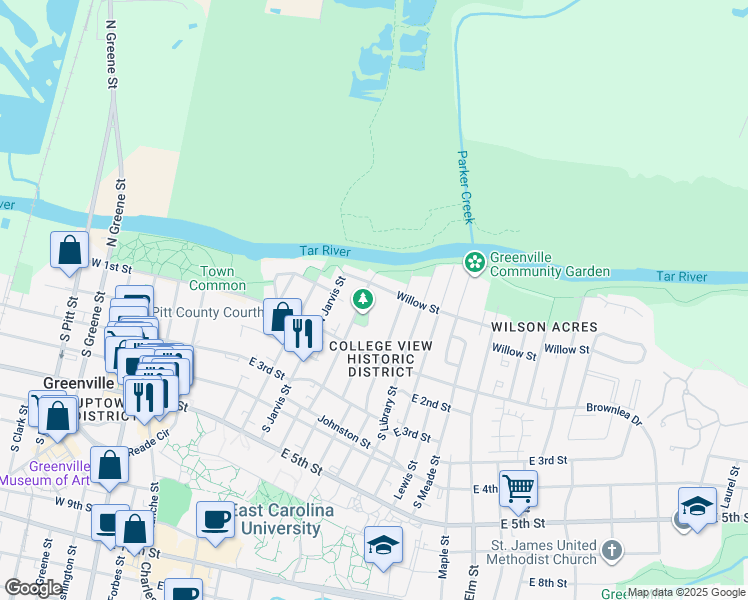 map of restaurants, bars, coffee shops, grocery stores, and more near 120 Park Dr in Greenville