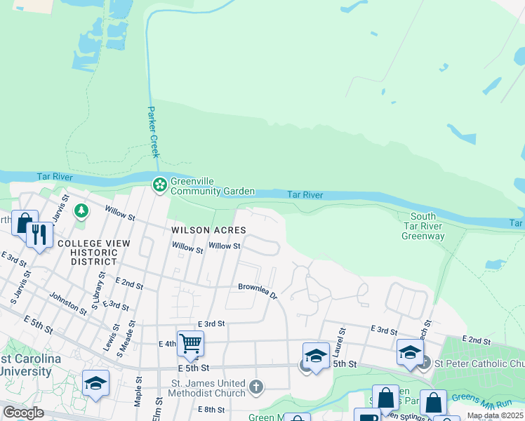 map of restaurants, bars, coffee shops, grocery stores, and more near 1905 River Drive in Greenville