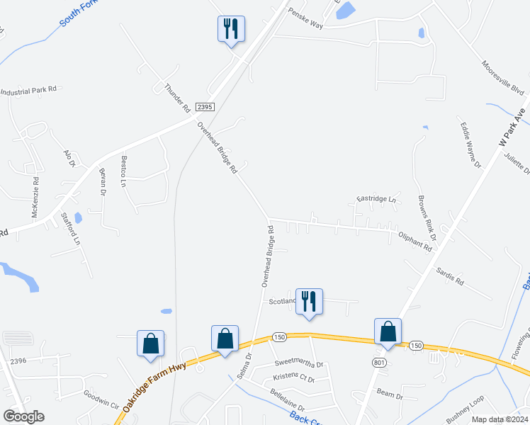 map of restaurants, bars, coffee shops, grocery stores, and more near 200 Overhead Bridge Road in Mooresville