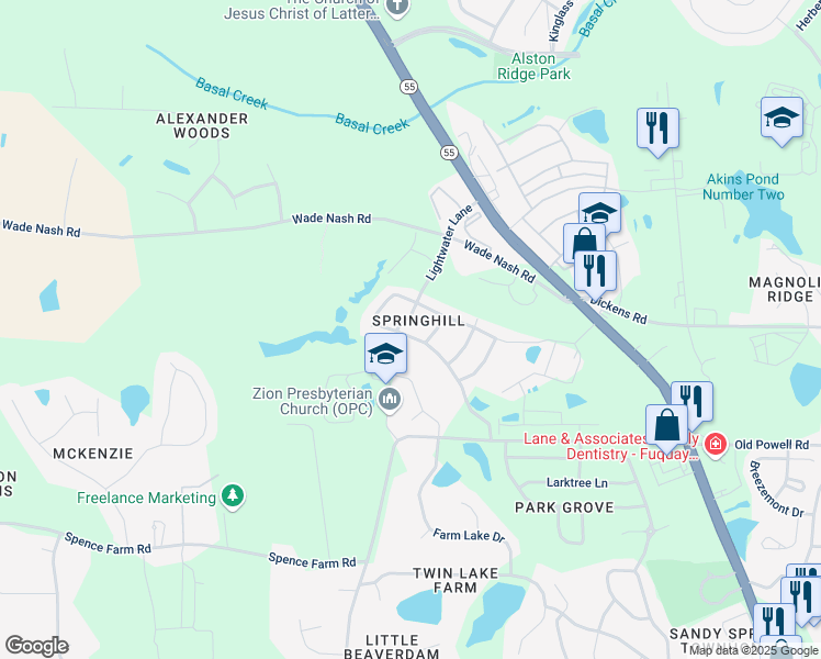 map of restaurants, bars, coffee shops, grocery stores, and more near 409 Stobhill Lane in Holly Springs