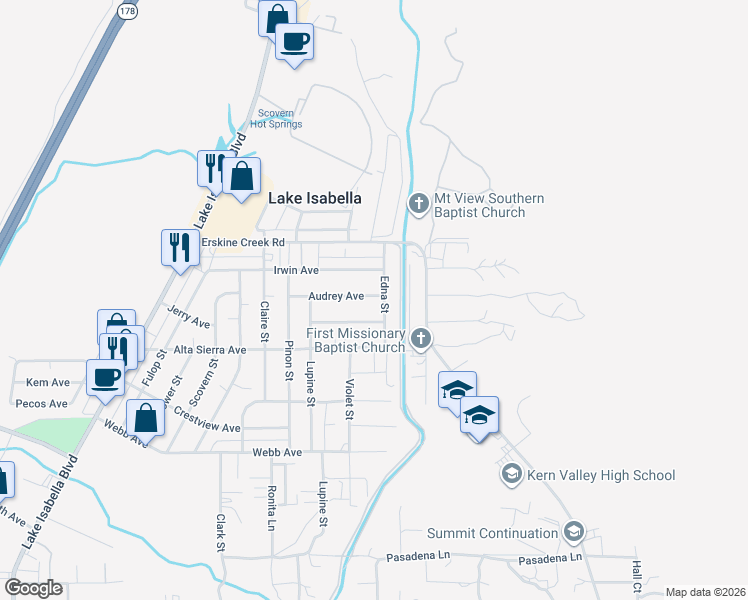 map of restaurants, bars, coffee shops, grocery stores, and more near 2832 Audrey Avenue in Lake Isabella