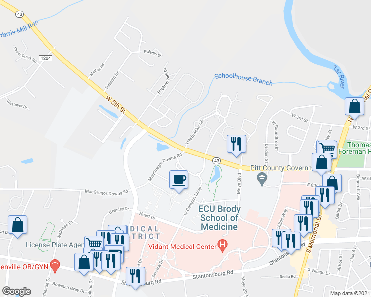 map of restaurants, bars, coffee shops, grocery stores, and more near 1694 Treybrooke Circle in Greenville