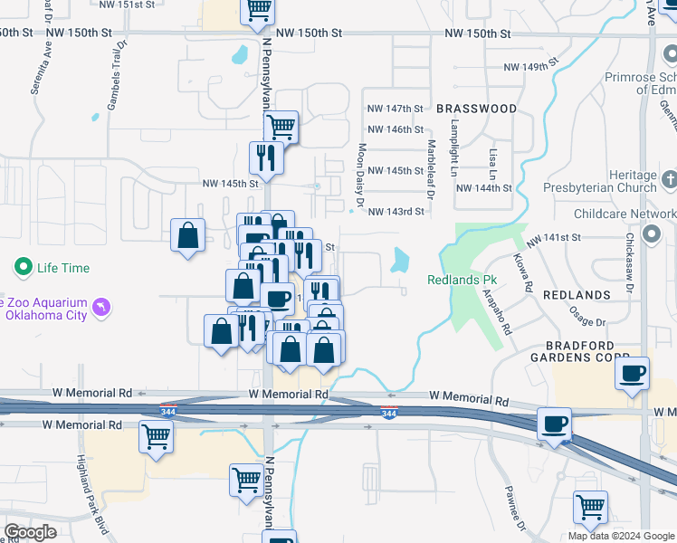 map of restaurants, bars, coffee shops, grocery stores, and more near 14201 North Kentucky Avenue in Oklahoma City