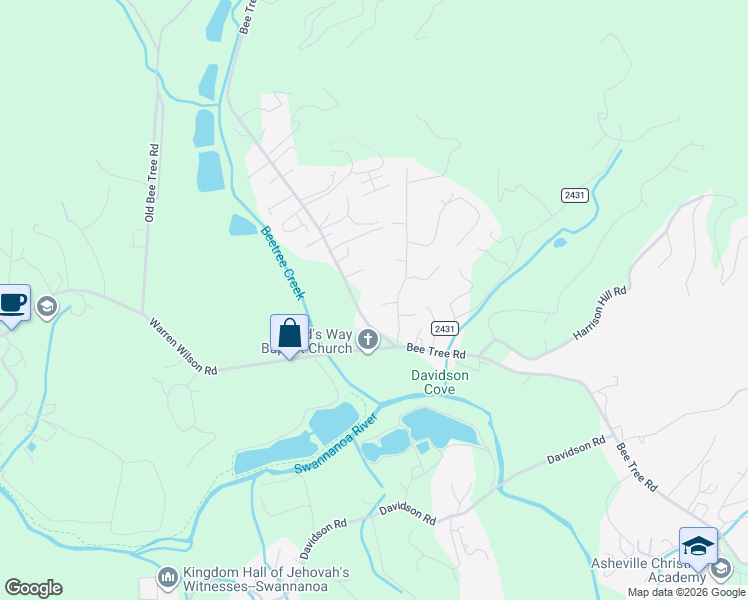 map of restaurants, bars, coffee shops, grocery stores, and more near 6 Sunset Lane in Swannanoa