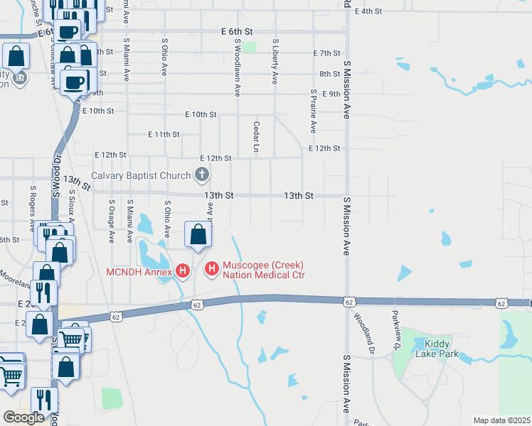 map of restaurants, bars, coffee shops, grocery stores, and more near 912 South Liberty Avenue in Okmulgee
