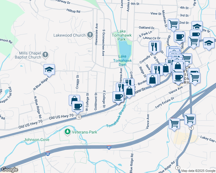 map of restaurants, bars, coffee shops, grocery stores, and more near 202 East College Street in Black Mountain