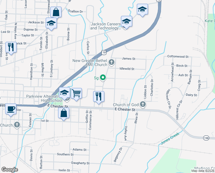 map of restaurants, bars, coffee shops, grocery stores, and more near 15 Everett St in Jackson