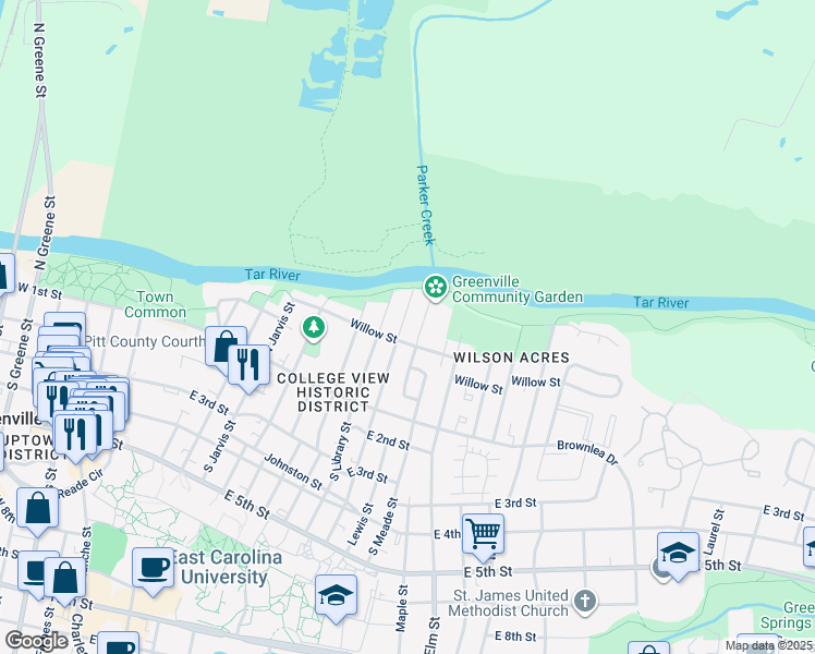 map of restaurants, bars, coffee shops, grocery stores, and more near 204 North Eastern Street in Greenville