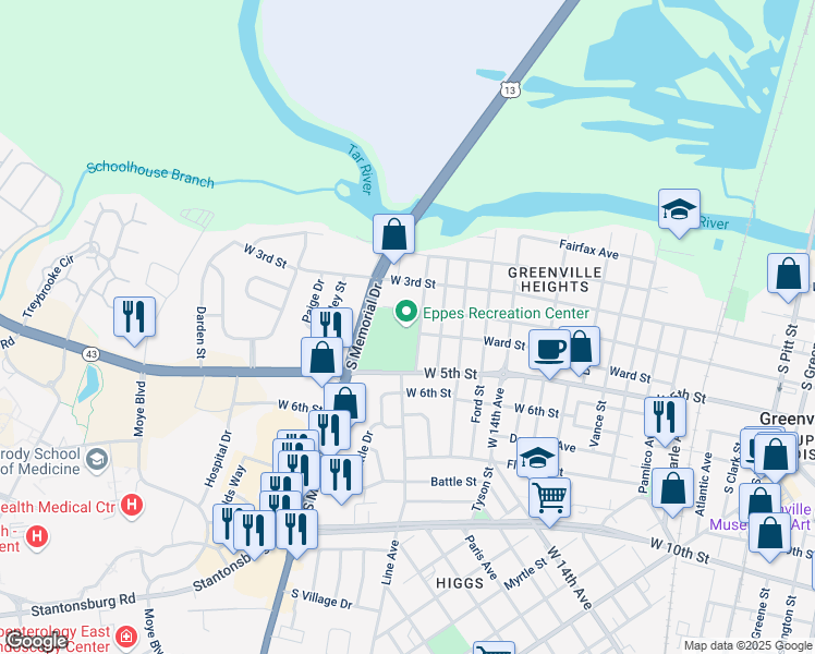 map of restaurants, bars, coffee shops, grocery stores, and more near 400 Nash Street in Greenville