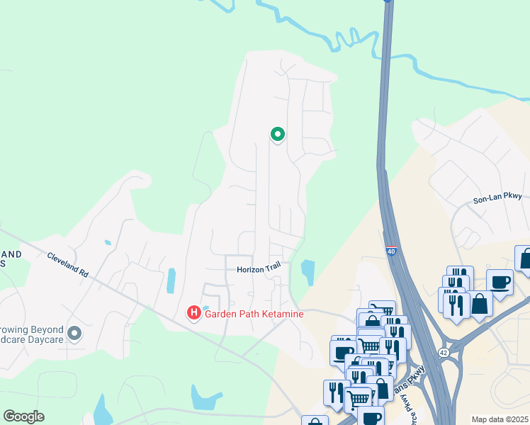 map of restaurants, bars, coffee shops, grocery stores, and more near 107 Marsh Creek Drive in Garner