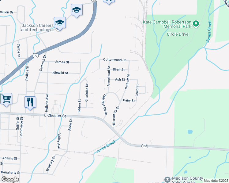 map of restaurants, bars, coffee shops, grocery stores, and more near 215 Hillcrest Circle Drive in Jackson