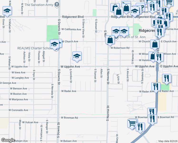 map of restaurants, bars, coffee shops, grocery stores, and more near 619 Plumblossom Court in Ridgecrest