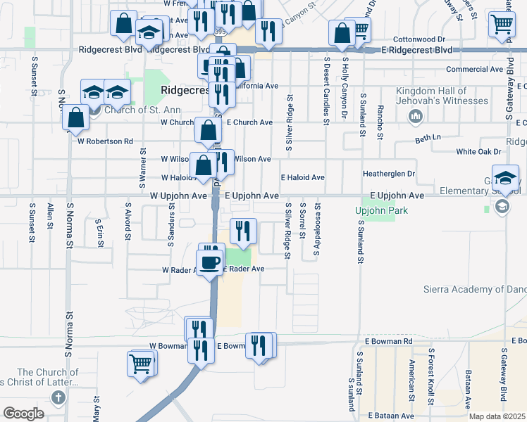 map of restaurants, bars, coffee shops, grocery stores, and more near 177 East Upjohn Avenue in Ridgecrest