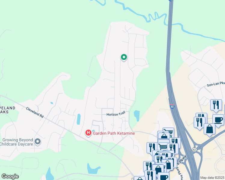 map of restaurants, bars, coffee shops, grocery stores, and more near 215 Outwater Ridge Drive in Garner