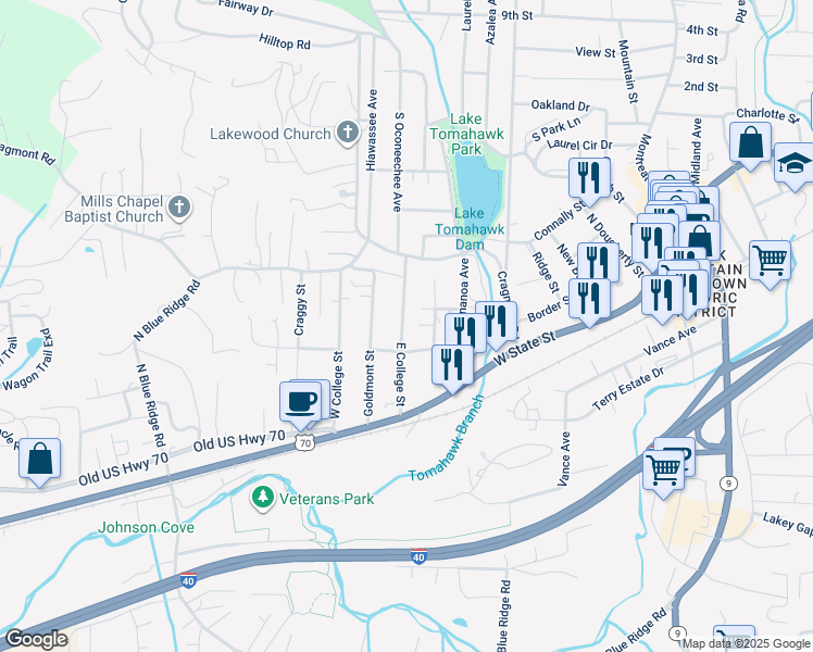 map of restaurants, bars, coffee shops, grocery stores, and more near 202 East College Street in Black Mountain