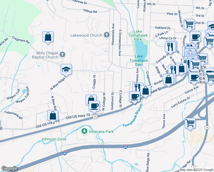 map of restaurants, bars, coffee shops, grocery stores, and more near 206 West College Street in Black Mountain