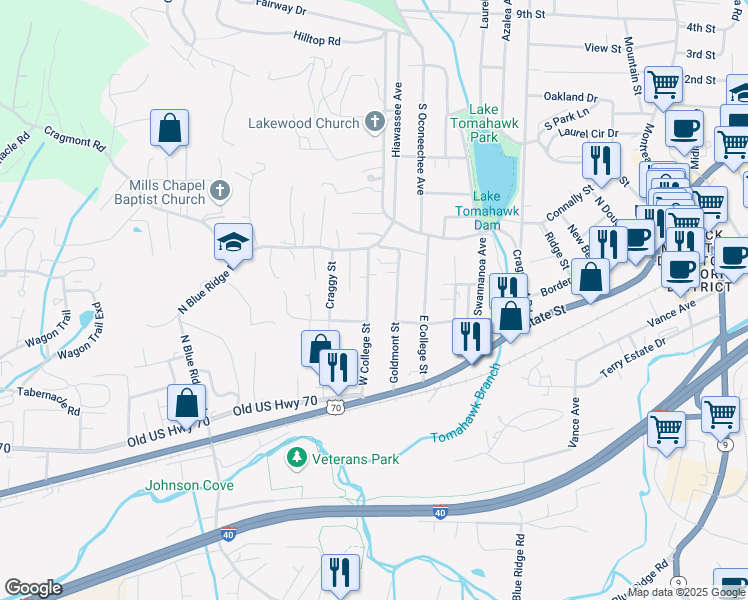 map of restaurants, bars, coffee shops, grocery stores, and more near 206 West College Street in Black Mountain