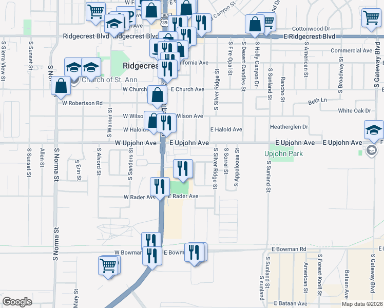 map of restaurants, bars, coffee shops, grocery stores, and more near 177 East Upjohn Avenue in Ridgecrest