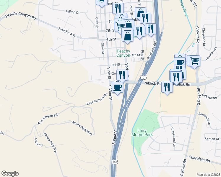 map of restaurants, bars, coffee shops, grocery stores, and more near 102 South Vine Street in Paso Robles
