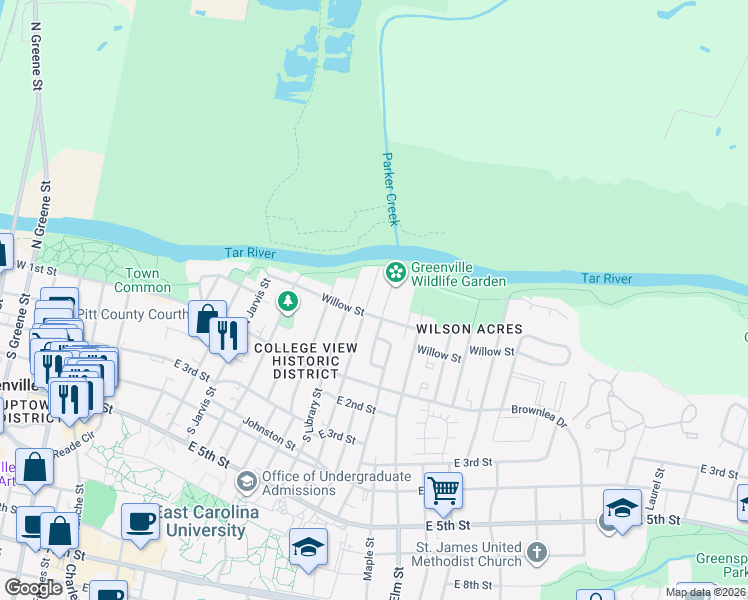 map of restaurants, bars, coffee shops, grocery stores, and more near 204 North Eastern Street in Greenville