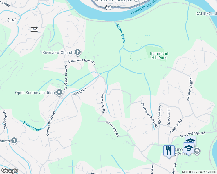 map of restaurants, bars, coffee shops, grocery stores, and more near 305 Adams Hill Road in Asheville